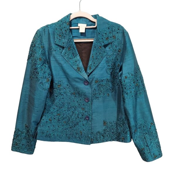 VTG Spiegel Womens S Turquoise Silk Jacket Beads Metallic Stitching Formal Party - Picture 1 of 16